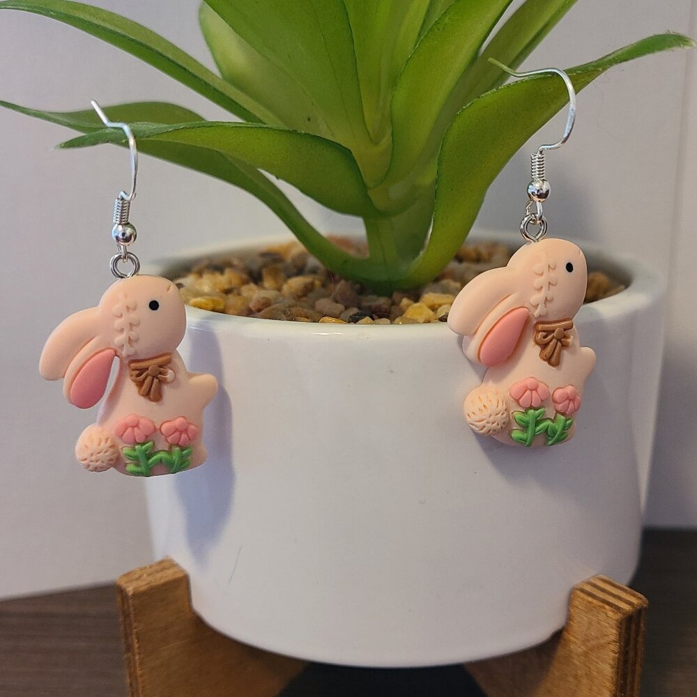 Handcrafted Tan Bunny Dangle Drop Earrings NEW Female Easter Event Holiday Party